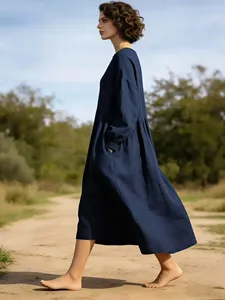 Women Plain Navy Blue <b>Boho</b> Maxi <b>Dress</b> <b>Long</b> Sleeve Loose Oversized Casual Cotton Linen Style <b>Dress</b> - Product Image 1