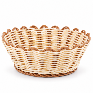Carved Modern Round <b>Bamboo</b> <b>Bowl</b> Two-Tone Weave Scalloped Rim Eco-Friendly Lightweight Food Serving & Decor - Product Image 2