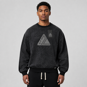 OEM <b>Vintage</b> Style Fleece Men's Winter <b>Sweatshirt</b> Applique Embroidered Pullover Acid Washed Distress <b>Oversized</b> Crewneck Hoodie - Product Image 1