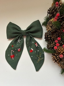 Lightweight Green Christmas Hair <b>Bow</b> Embroidered Ribbon <b>Bow</b> Holiday Hair <b>Clip</b> Large Festive Hair Accessory Boutique Collections - Product Image 1