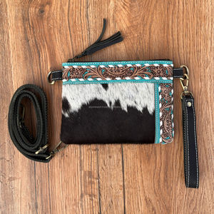 Hand Tooled Leather Small Tassel Crossbody Women's Bag Western Hair on Genuine Leather Wristlet Purse Turquoise Cowhide Handbags - Product Image 3
