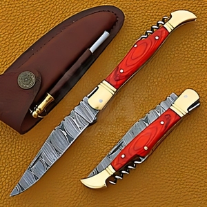 High Quality Handmade Damacsus Steel Camping Folding Pocket Knife Straight Bottle Opener Cork Screw OEM ODM Available Industrial - Product Image 1