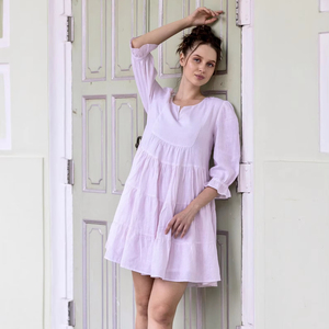 Casual Cotton Linen Mini Dress Round Neck <b>Three</b> Quarter Sleeve Loose Comfortable Summer Dress For Women - Product Image 1