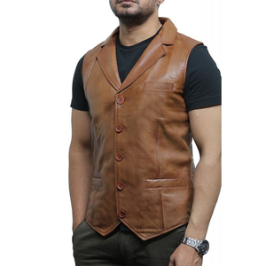 Chaleco de Cuero Genuino para Hombre, Cuello Camisero, Botones al Frente, Sin Mangas, Estilo Motero, Ropa de Otoño - Product Image 6