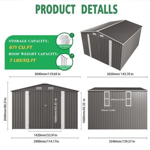 Casetta da Giardino in Metallo 10x12FT con Doppia Porta e Due Finestre Traslucide, Impermeabile, con Supporto Posteriore - Product Image 4