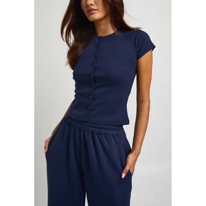 <b>Women's</b> <b>Navy</b> Blue Knitted Two-Piece Set Short Sleeve O-Neck Top With Button Front Loose Fit Full Length Pants Casual Daily Wear - Product Image 4