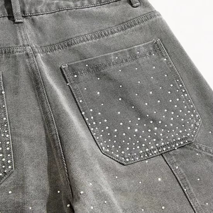 <b>Mens</b> Washed Charcoal Denim Jorts Shimmering Rhinestone Embellishments Loose Baggy Fit Retro Y2K Grunge Streetwear Apparel - Product Image 6