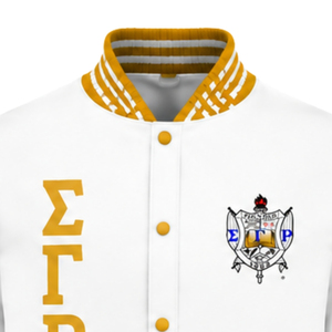 Custom White and Gold Greek Letter Varsity <b>Jacket</b> with Embroidered Crest Ribbed Collar Cuffs Snap Button Front College Style - Product Image 5