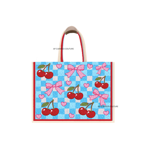 Bolso Tote Artesanal de Moda con Estampado a Cuadros y Cuentas, Diseño de Lazo de Cereza, Bolso de Verano Hecho a Mano Personalizado, Bolso Tote Elegante y a la Moda - Product Image 1