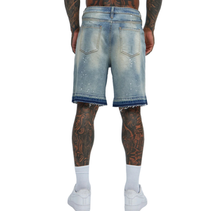Shorts en jean bleu clair pour homme 100 % coton, cinq poches, coupe droite, décontracté, longueur genou, ourlet brut, effet éclaboussures, séchage rapide - Product Image 2