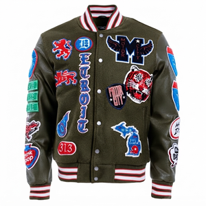Blouson universitaire vert olive tendance, personnalisé, style Letterman, bomber de baseball, streetwear homme, vintage, avec patch brodé et devant en chenille - Product Image 1
