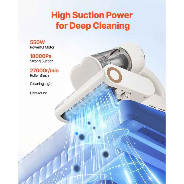 550W Mattress Vacuum Cleaner Powerful 18Kpa Suction Dual Dust Bin HEPA Filter Heating Ultrasound Tech Cleaning Lights Cleaner