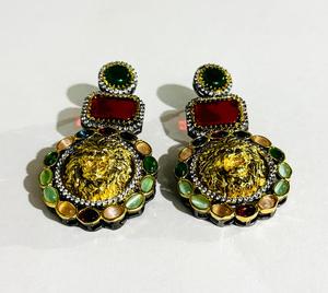 Luxury Sabyasachi Inspired Multicolor Lion Head <b>Cat</b> Eye Stone & Crystal Drop <b>Earrings</b> Gold Plated Statement Bridal Wedding Party - Product Image 4