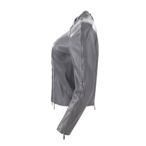 Chaqueta de Moto de Cuero PU para Mujer, Manga Larga, Cuello Alto, Cierre de Cremallera, Color Sólido, Estilo Otoñal, Largo Regular - Product Image 4