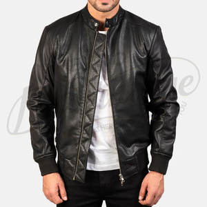 Blouson Bomber en Cuir Noir Premium pour Homme, Veste Moto en Peau de Mouton Véritable Texturée Perforée, Coupe Slim, Fermeture Éclair, Style Universitaire - Product Image 5