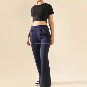 Pantalon large en molleton bleu marine pour femme, taille élastique, coupe ample, longueur intégrale, décontracté, pour l'automne, couleur unie, en maille - Product Image 6
