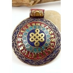 Pendentifs en alliage avec mantra bouddhiste tibétain, plaqués argent antique et turquoise - Product Image 3