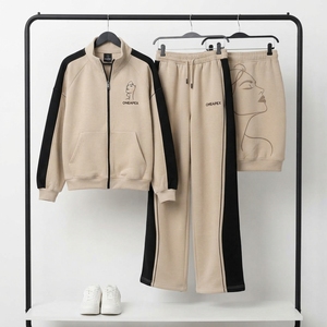 Women's Beige Black Tracksuit Set <b>Zip</b> <b>Up</b> <b>Jacket</b> Wide Leg Pants Graphic Casual Streetwear OEM ODM Custom Logo - Product Image 4