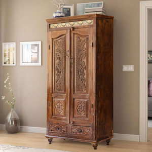 Luxury Handcrafted Solid Wood 2 Door <b>Wardrobe</b> Ornate Leaf Carving Rustic Antique Finish Armoire - Product Image 1