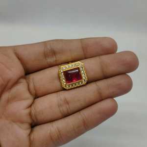 Bague de cocktail de luxe en cristal rouge rubis, plaquée or, avec pierre précieuse taille émeraude, bague statement vintage avec halo de zircon cubique, pour soirée - Product Image 4