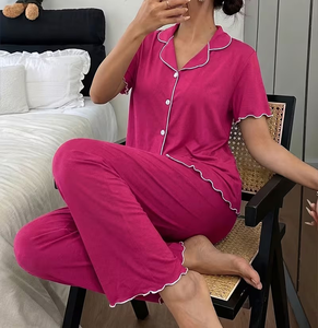 Women Pink Knitted Breathable Jersey Pajama Set Short Sleeve Button Front V-neck Solid Color Sleepwear Two Piece Casual Homewear - Product Image 3