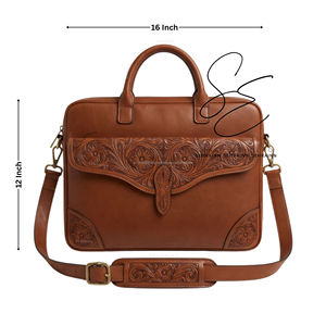 Genuine Leather <b>Briefcase</b> Floral Tooled Laptop Bag Business Messenger Bag Adjustable Strap Unisex Work Bag - Product Image 3