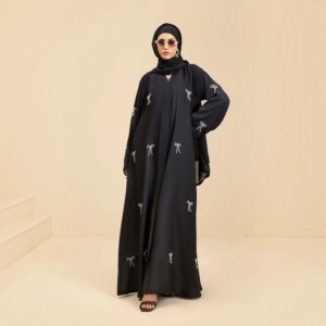 Black Embroidered Abaya Long Sleeve Floor Length V Neck Modest <b>Dress</b> For Women Middle East Daily Wear Polyester <b>Loose</b> Fit - Product Image 3