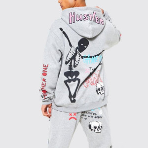 Ensemble de survêtement gris à capuche pour homme avec imprimé dessin animé, manches longues, coupe ample, style streetwear, tenue de jogging - Product Image 4