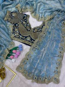 Sari de seda con diseño de cuentas y bordado Jari, y blusa de seda completamente cosida con bordado. - Product Image 3
