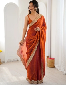 KV Embellished Silk Wrinkle-Free Reversible Bollywood Satin <b>Saree</b> (<b>Orange</b>) for Party - Product Image 3