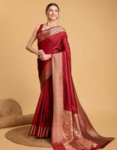 KV Soft Litchi Banarasi <b>Red</b> <b>Saree</b> With Unstitched Blouse - Product Image 5