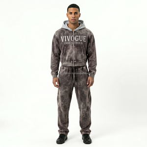 Custom Logo Acid Wash Heat Transfer Printed 100% Cotton Hoodies Joggers <b>Sets</b> Unisex Gyms Fitness Winter Tracksuits - Product Image 2