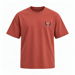 T-shirt en coton à manches courtes pour homme, logo brodé rouge orangé, coupe classique, style décontracté, col rond, jersey tricoté - Product Image 4