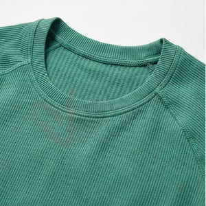 Women Solid <b>Green</b> Crew Neck <b>Long</b> <b>Sleeve</b> <b>Crop</b> <b>Top</b> High Waist Leggings Yoga 2 Piece Set - Product Image 4