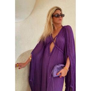 Boho Criss-Cross <b>Neck</b> Pleated Floor-Length A-Line Three Quarter Regular Fit Knitted Solid Color Summer Holiday Celebration <b>Wrap</b> - Product Image 5