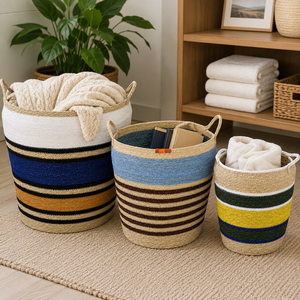 Paniers de rangement en rotin naturel colorés avec poignées, forme ronde, ensemble de 3 paniers multi-usages pour la décoration de la maison - Product Image 5