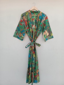 Bata tipo kimono con estampado floral para mujer, longitud completa, manga corta, cuello en V, cierre con cordón, ropa de dormir informal de verano - Product Image 1