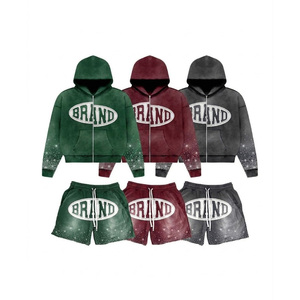 Ensemble de survêtement unisexe personnalisé pour homme, sweat à capuche zippé streetwear épais 100 % coton respirant à séchage rapide et short de jogging - Product Image 1