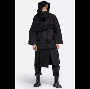 Men Black Hooded <b>Long</b> Hard Shell <b>Jacket</b> <b>Waterproof</b> Oversized Fit With Pockets Turtleneck Zip Closure Winter Outdoor Wear - Product Image 3
