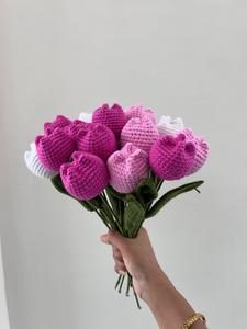 Crochet Knitting Cotton Woolen Yarn <b>Artificial</b> Colorful Handmade Tulip Flower Wedding <b>Bouquet</b> For Gift By Indian Consigners - Product Image 3