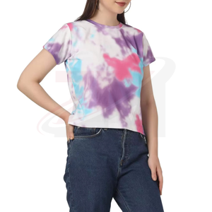 T-shirt court tie-dye pour femme, manches courtes, col rond, coupe classique, en coton tricoté, décontracté, printemps-été - Product Image 5