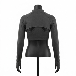 Seamless Mock Neck Long Sleeve Crop Top Hollow Out Thumbhole Yoga <b>Shrug</b> Lightweight Fitness Crop Top Gym <b>Bolero</b> - Product Image 4