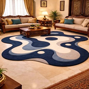 Alfombra abstracta azul y blanca de forma irregular, de lana suave, hecha a mano, moderna, para sala de estar, dormitorio, decoración única para el hogar. - Product Image 6