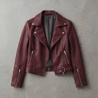 Blouson moto en cuir PU bordeaux pour homme, col rabattable zippé, coupe ajustée, longueur courte, pour l'automne