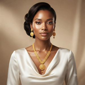 Juego de joyería nupcial africana árabe chapada en oro de 24 quilates para mujer, collar llamativo con aretes, diseño floral, estilo clásico para boda - Product Image 3
