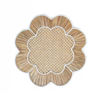 Handwoven Floral Scalloped Rattan Placemat and Charger <b>Plates</b> From Vietnam Factory for Dining Table Set of <b>Mats</b> & Pads - Product Image 1