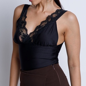 Womens <b>Lace</b> Trim <b>Tank</b> <b>Top</b> Black Deep V Neck Sleeveless Fitted Camisole Bodysuit Manufacturer - Product Image 6