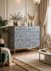 Black Bone Inlay Wooden 6 Drawer <b>Chest</b> Handcrafted Traditional Floral Vine Wide Dresser Steel Gold Base Luxury Bedroom <b>Storage</b> - Product Image 1