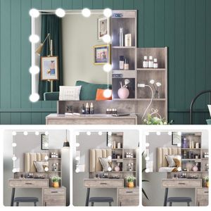 FCH 2-Drawer 1-Door 2-Shelf Grey Dressing <b>Table</b> Set <b>Mirror</b> Cabinet 3-Light Bulbs Triamine Veneer Iron Legs Makeup Vanities - Product Image 5