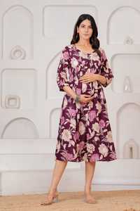 Robe midi évasée décontractée en coton à imprimé floral violet, col rond, manches trois quarts, avec poches, pour la maternité et l'allaitement, idéale pour le quotidien - Product Image 2